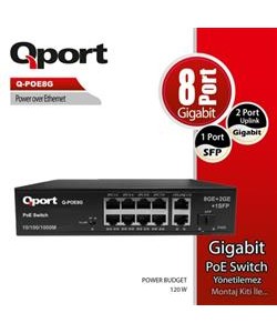 Qport Q-POE8G 8 Port 10/100/1000 2 Port 10/100/1000 Uplink 1 Port SFP POE Switch  120W,Yönetilemez