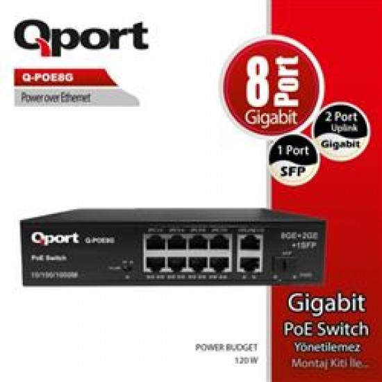 Qport Q-POE8G 8 Port 10/100/1000 2 Port 10/100/1000 Uplink 1 Port SFP POE Switch  120W,Yönetilemez